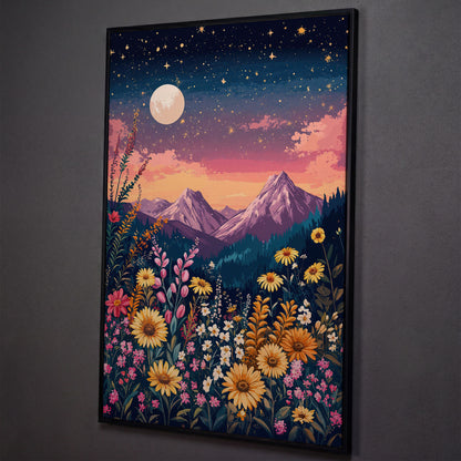 Stars and Mountains Canvas with Floral Twilight shown in black floating frame
