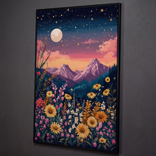 Stars and Mountains Canvas with Floral Twilight shown in black floating frame