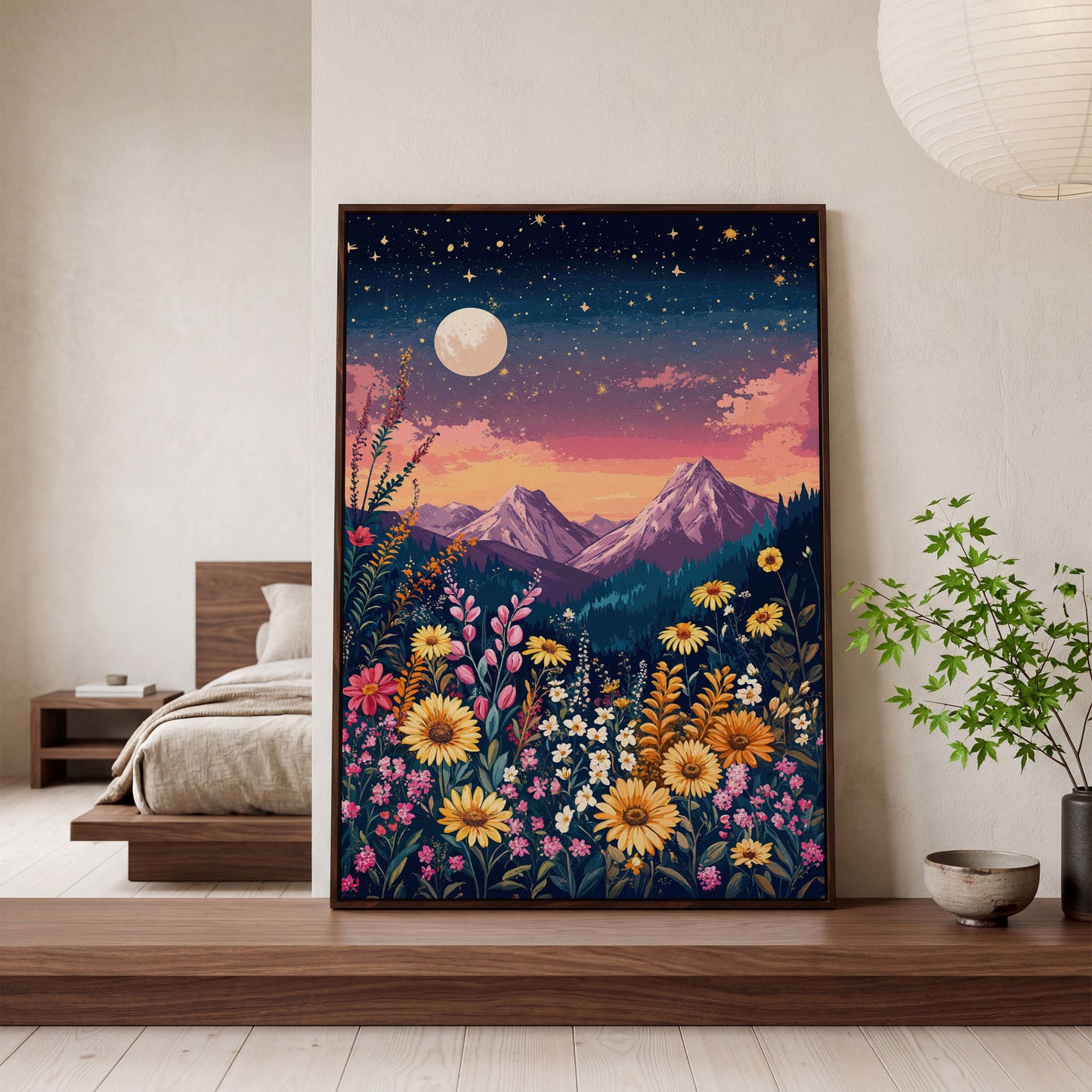 Stars and Mountains Canvas with Floral Twilight in dark walnut floating frame