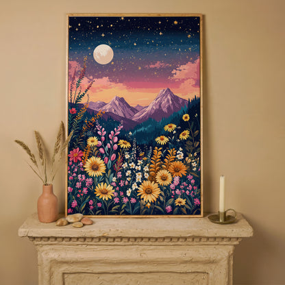 Stars and Mountains Canvas with Floral Twilight in white oak floating frame