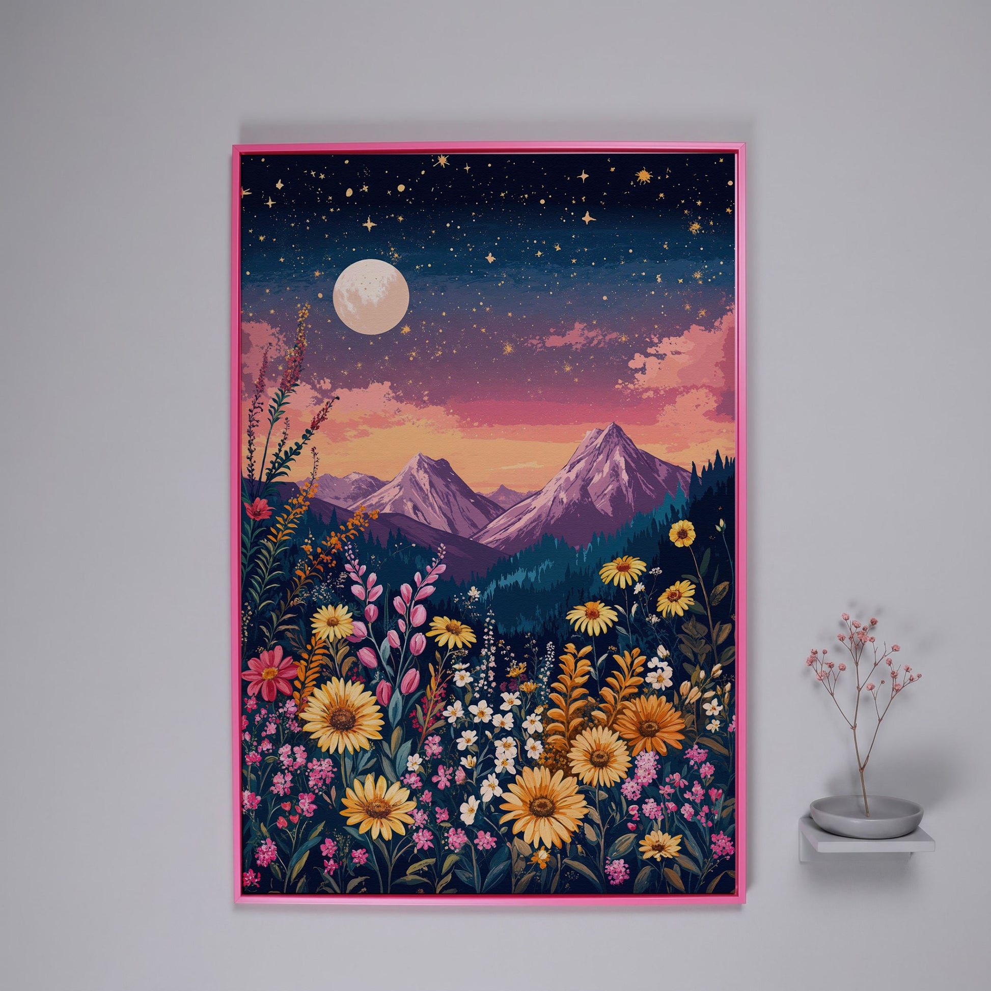 Stars and Mountains Canvas with Floral Twilight in pink floating frame