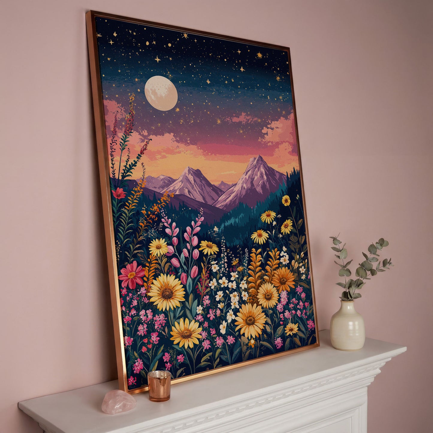 Stars and Mountains Canvas with Floral Twilight in rose gold floating frame