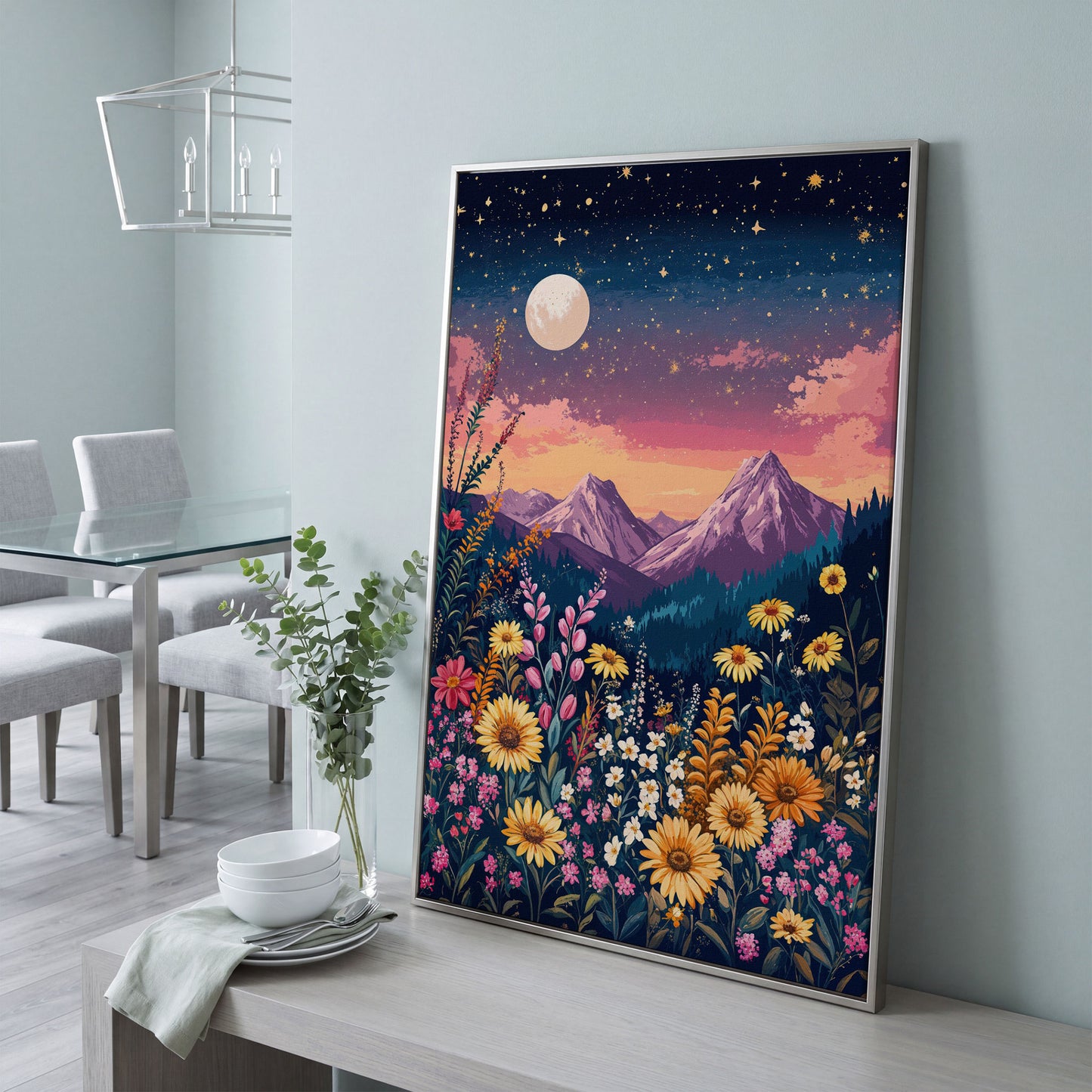 Stars and Mountains Canvas with Floral Twilight in silver floating frame