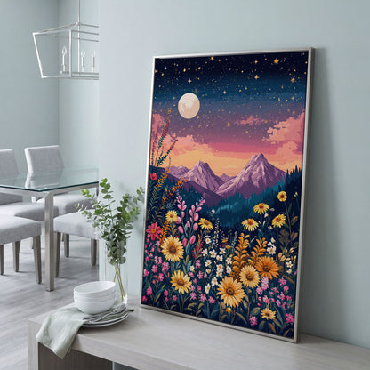 Stars and Mountains Canvas with Floral Twilight in silver floating frame