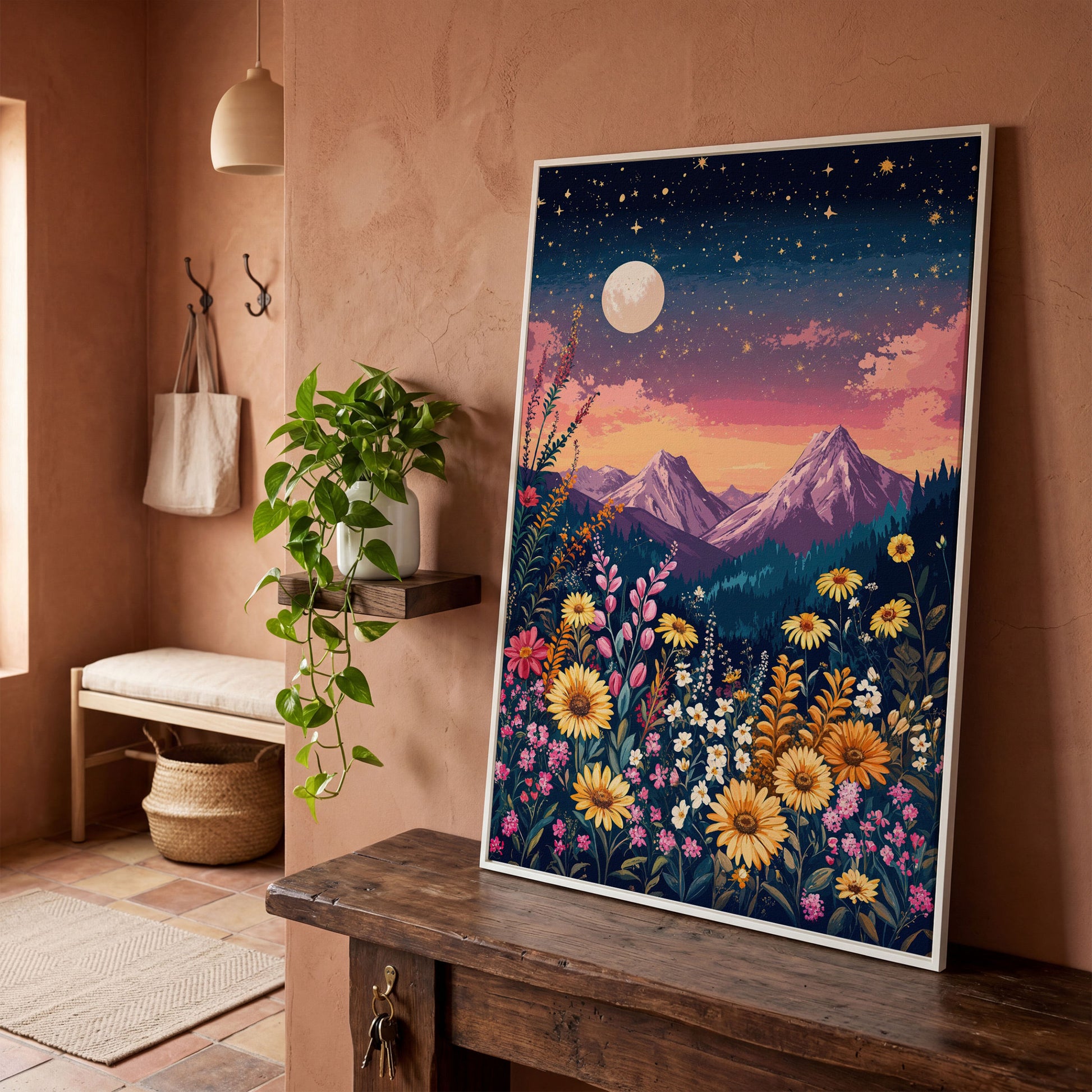 Stars and Mountains Canvas with Floral Twilight in white floating frame
