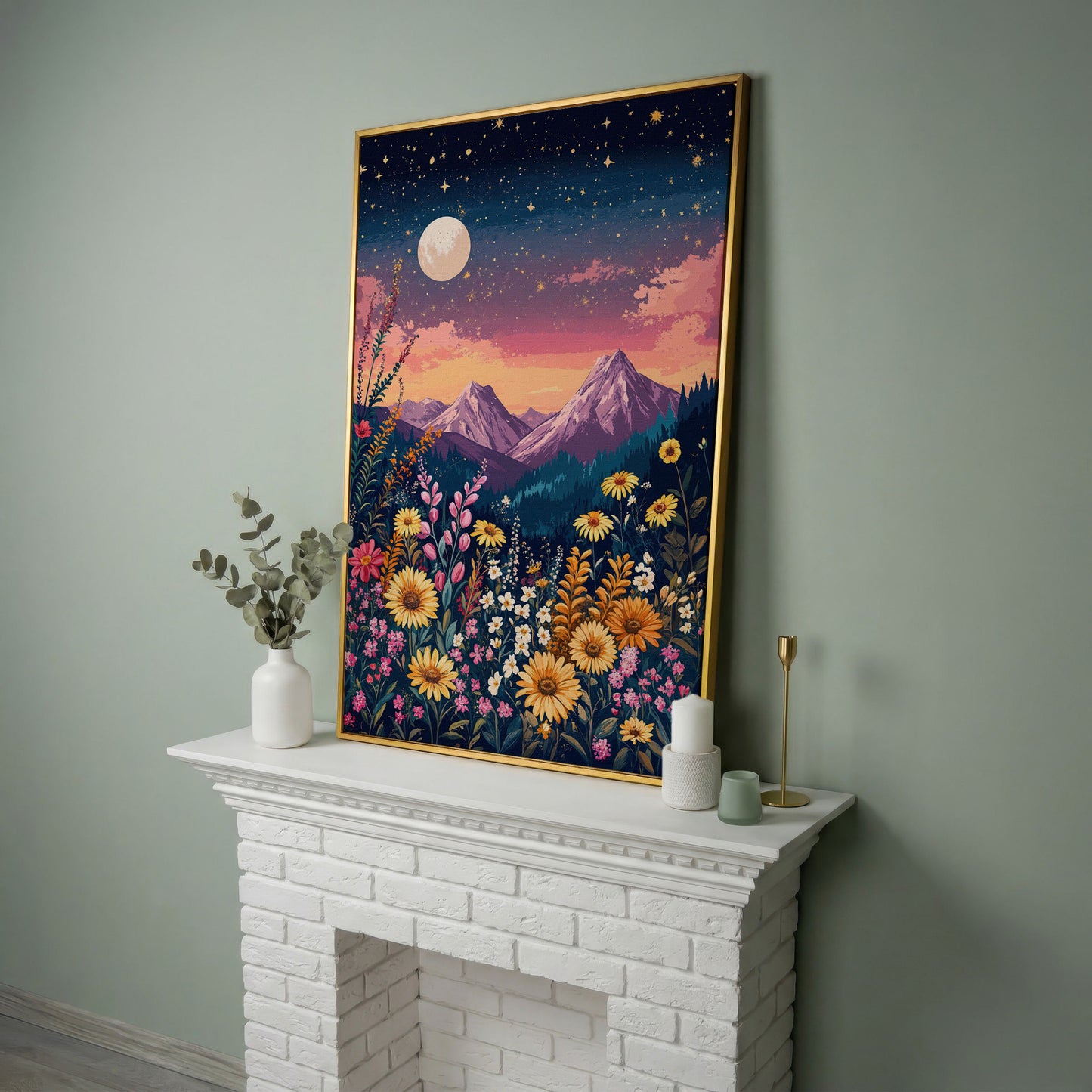 Stars and Mountains Canvas with Floral Twilight in yellow gold floating frame