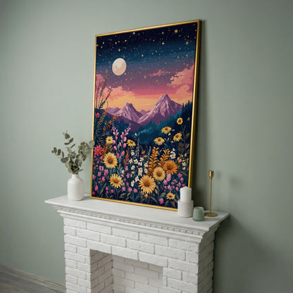 Stars and Mountains Canvas with Floral Twilight in yellow gold floating frame