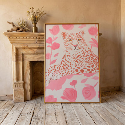Leopard & Pink Florals Canvas Print in antique gold floating frame