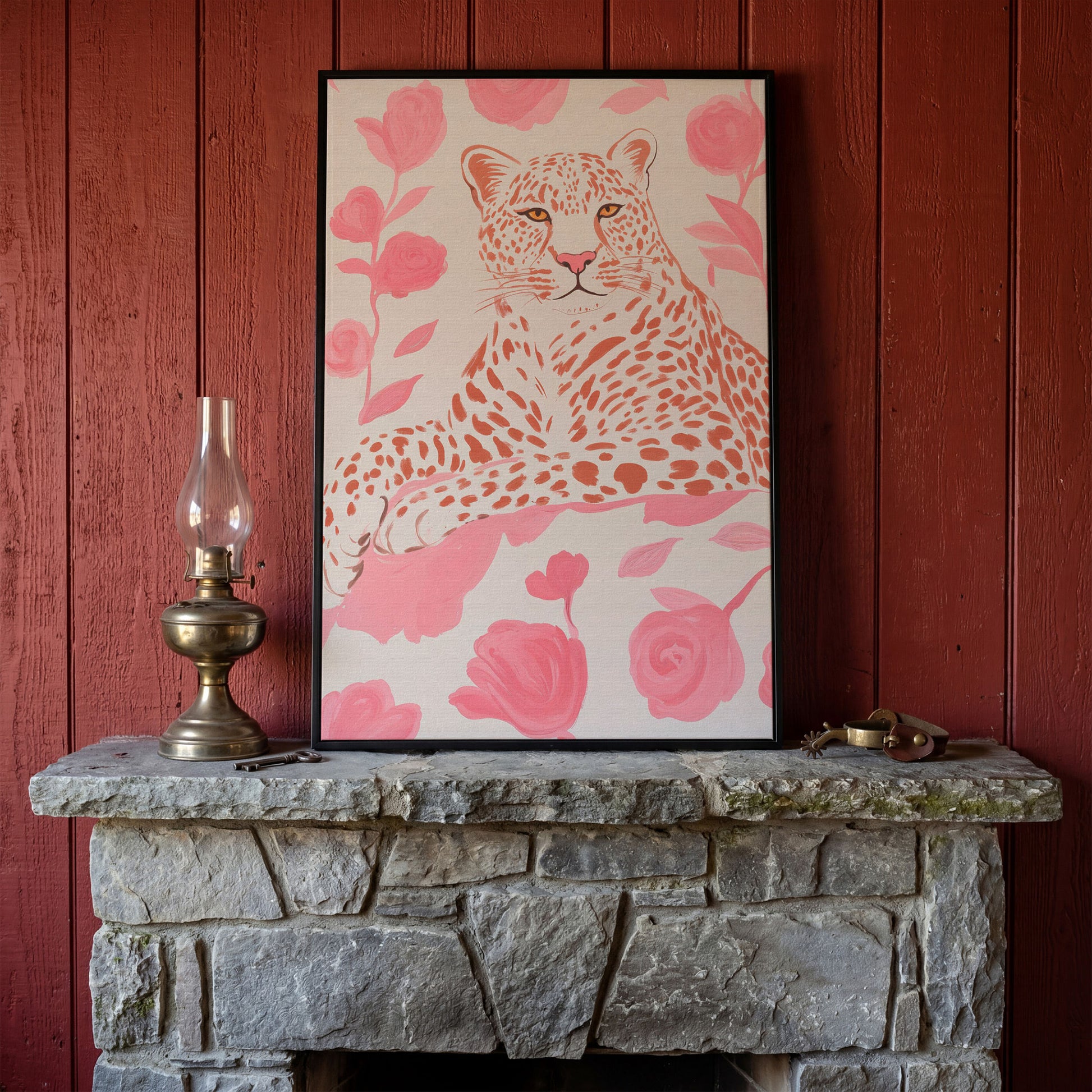 Leopard & Pink Florals Canvas Print in black floating frame