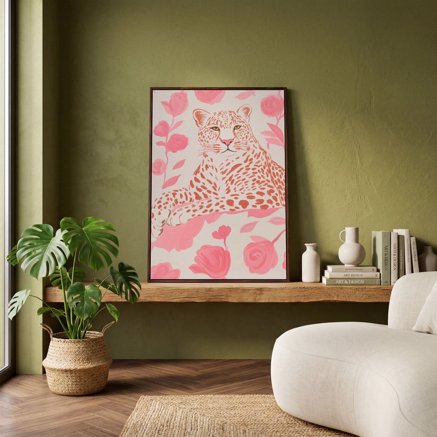 Leopard & Pink Florals Canvas Print in dark walnut floating frame