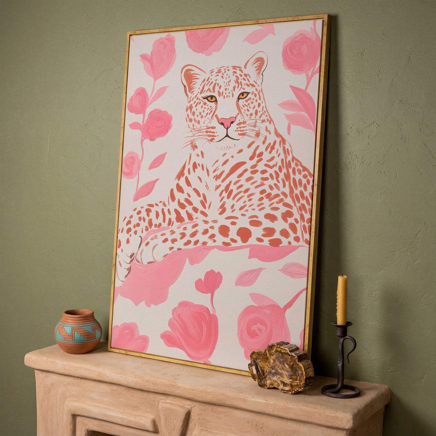 Leopard & Pink Florals Canvas Print in white oak floating frame