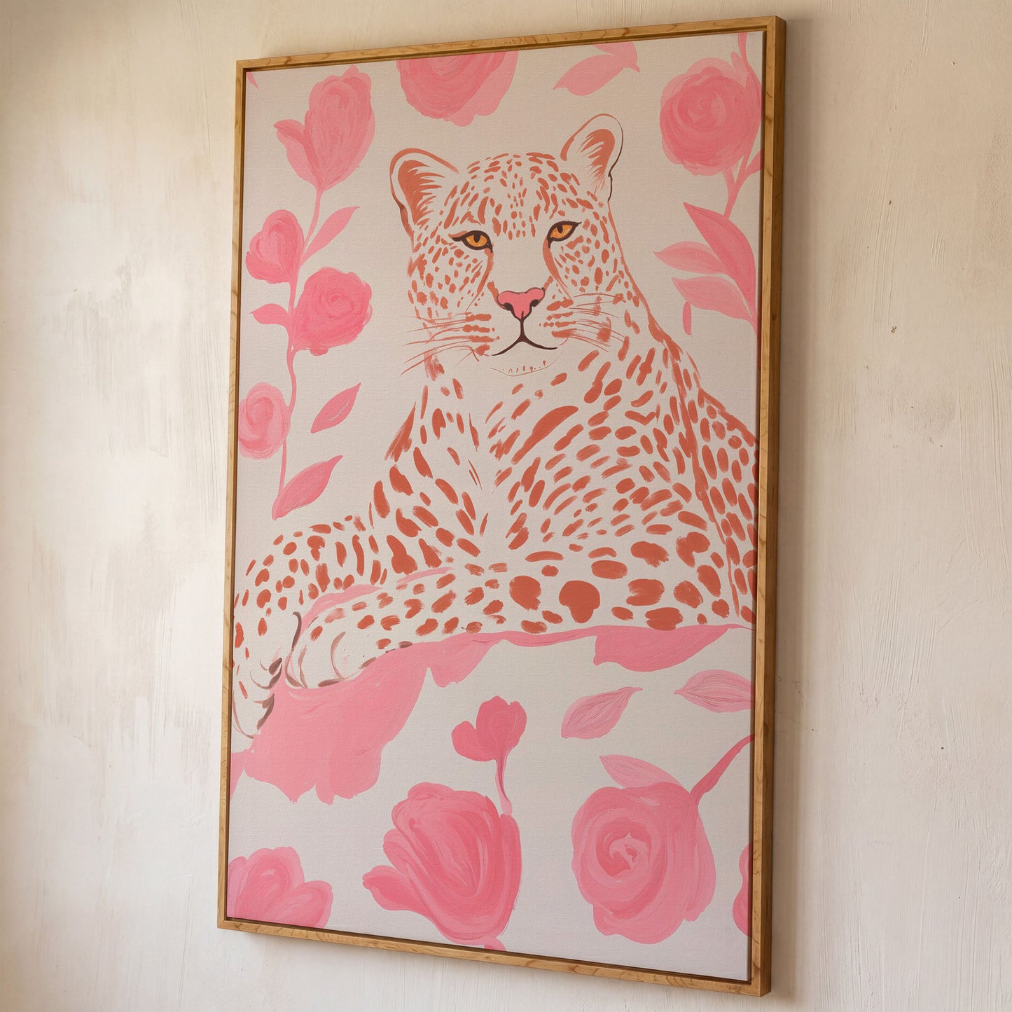 Leopard & Pink Florals Canvas Print shown in white oak floating frame