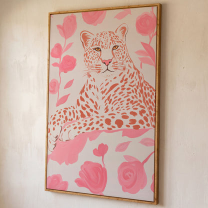 Leopard & Pink Florals Canvas Print shown in white oak floating frame