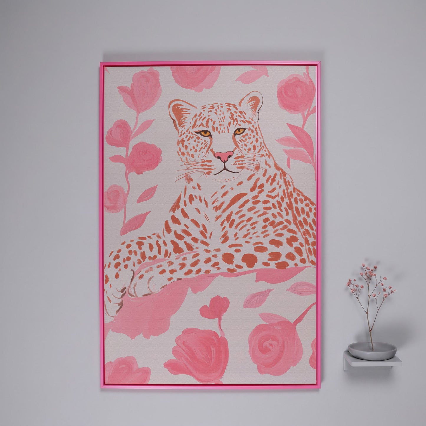 Leopard & Pink Florals Canvas Print in pink floating frame
