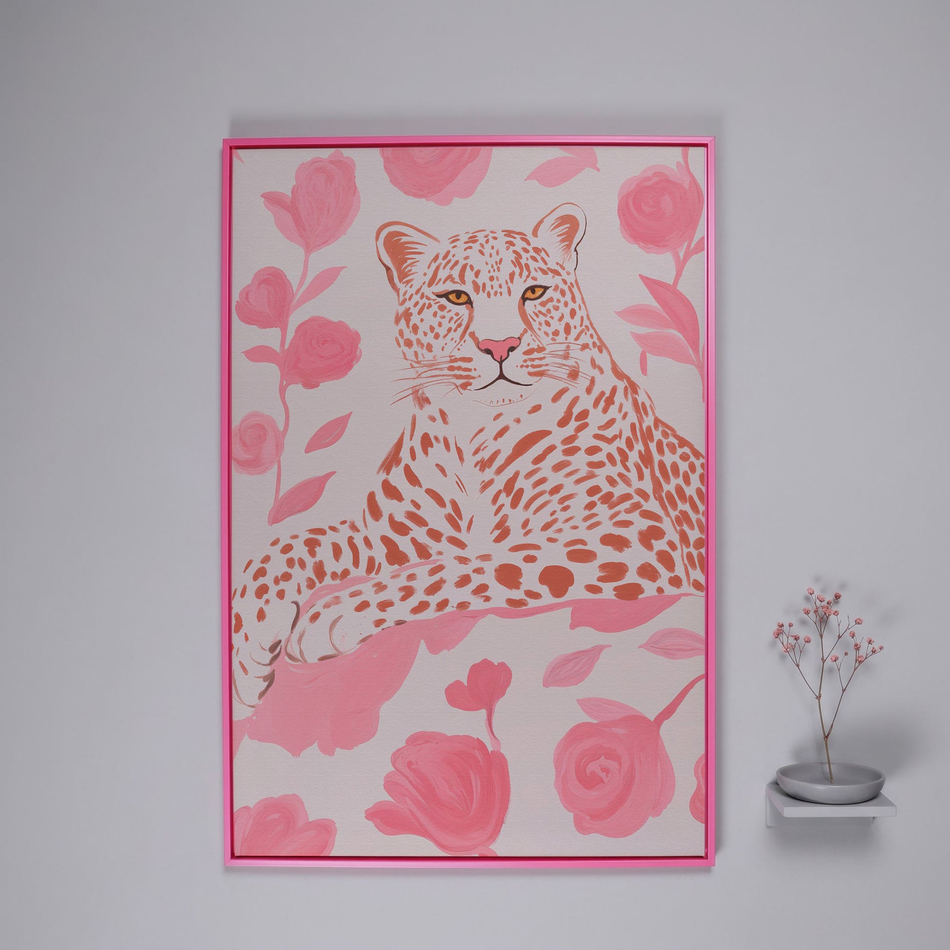 Leopard & Pink Florals Canvas Print in pink floating frame