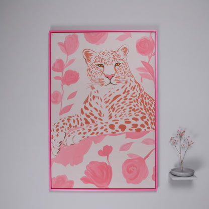 Leopard & Pink Florals Canvas Print in pink floating frame