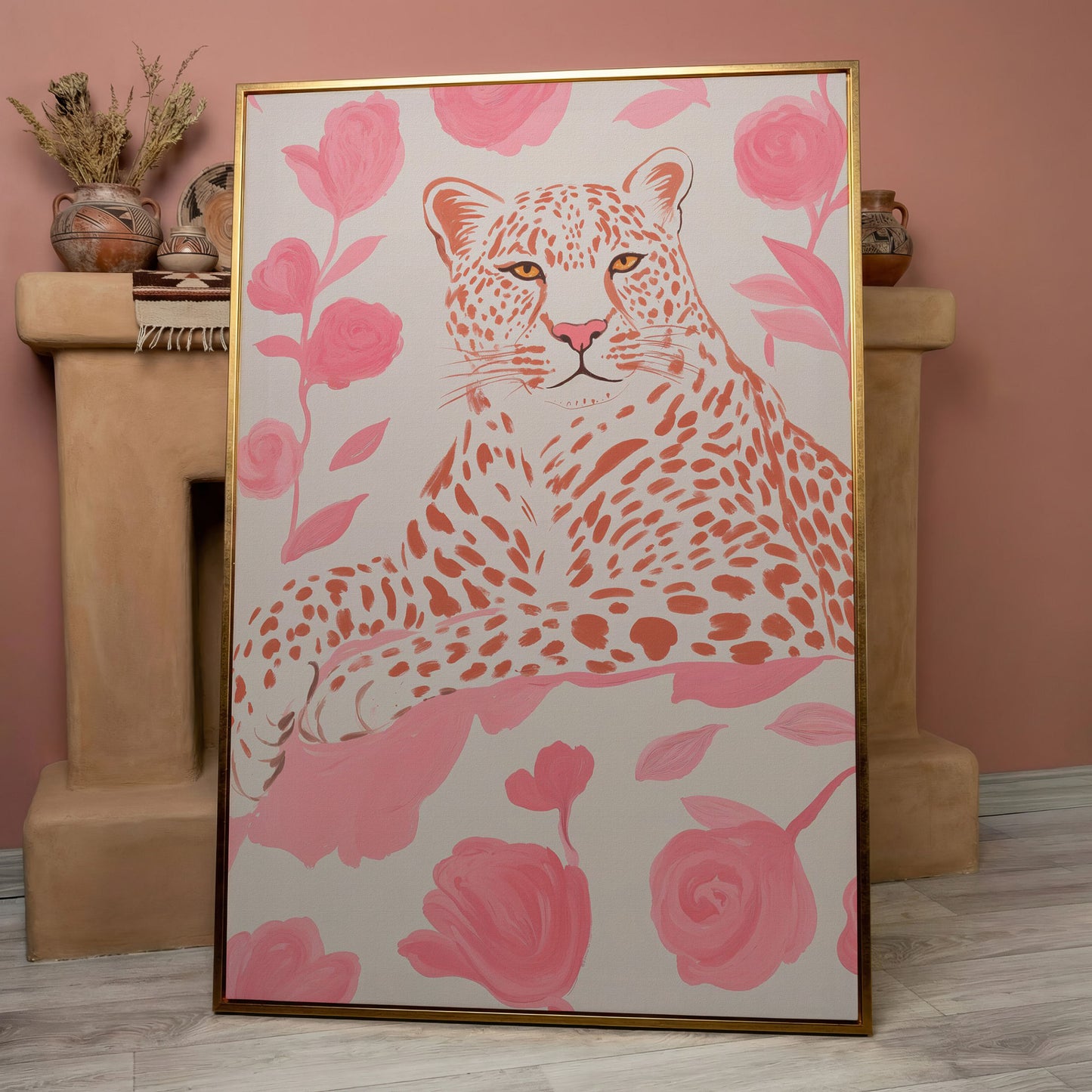 Leopard & Pink Florals Canvas Print in rose gold floating frame