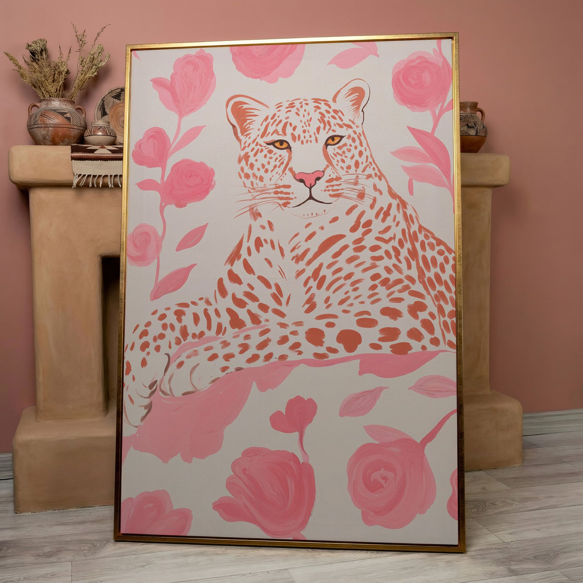 Leopard & Pink Florals Canvas Print in rose gold floating frame