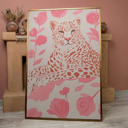 Leopard & Pink Florals Canvas Print in rose gold floating frame