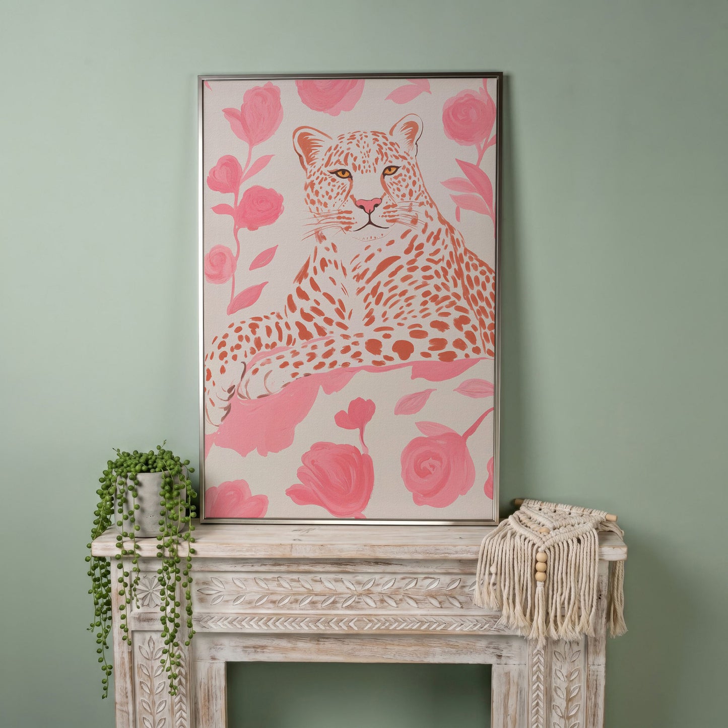 Leopard & Pink Florals Canvas Print in silver floating frame