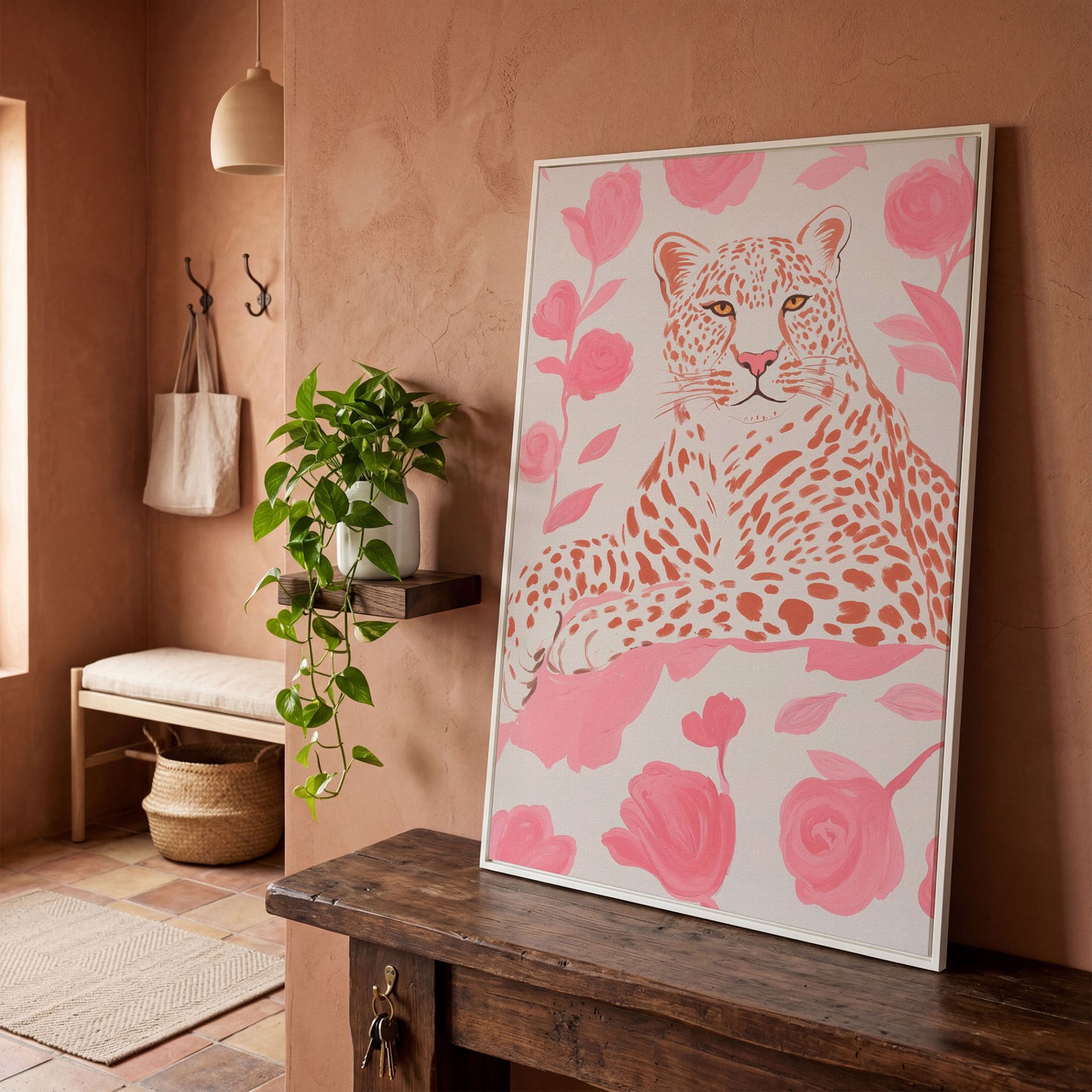 Leopard & Pink Florals Canvas Print in white floating frame