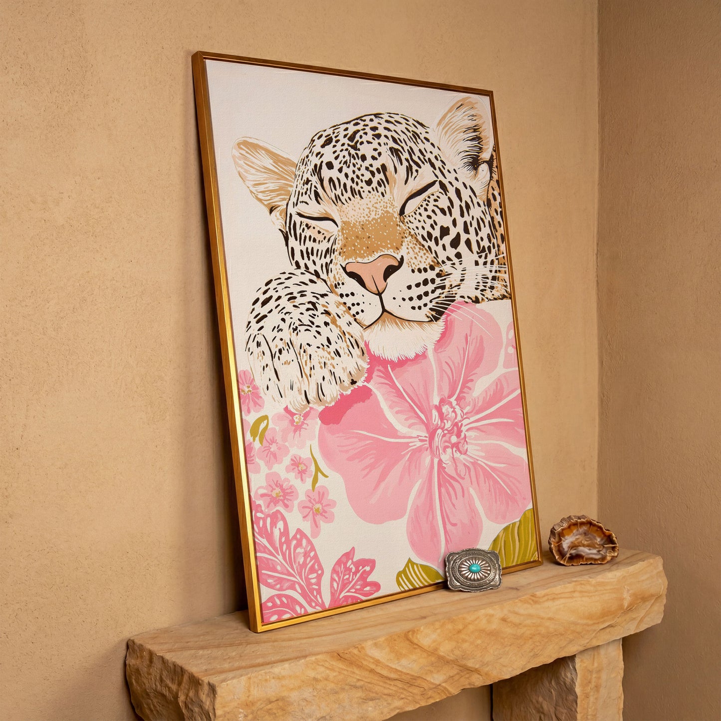 Leopard Resting on Pink Flowers Canvas in antique gold floating frame