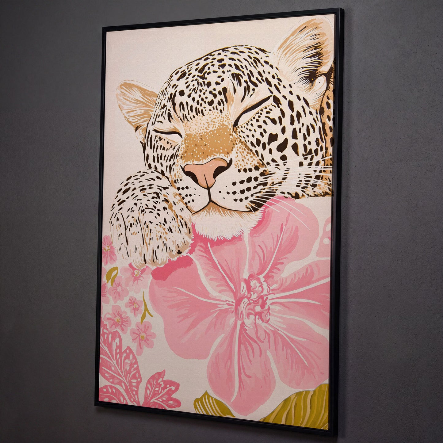 Leopard Resting on Pink Flowers Canvas shown in black floating frame