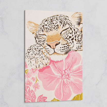 Leopard Resting on Pink Flowers Canvas on gallery wrap