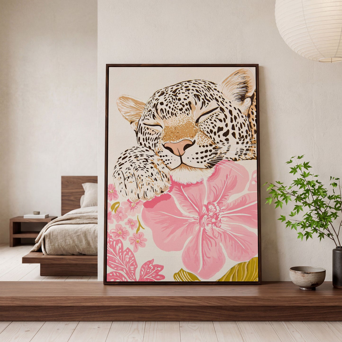 Leopard Resting on Pink Flowers Canvas in dark walnut floating frame