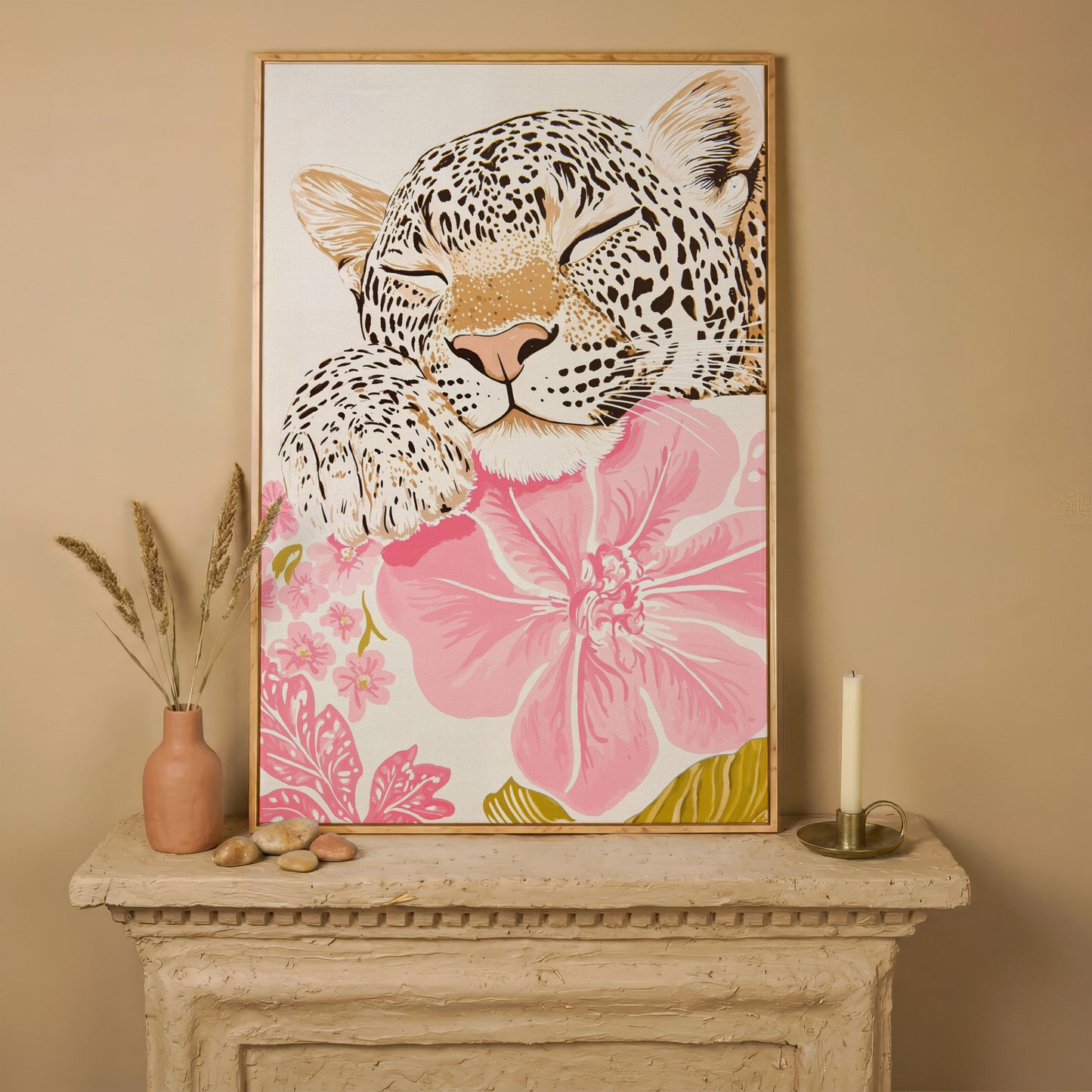 Leopard Resting on Pink Flowers Canvas in white oak floating frame