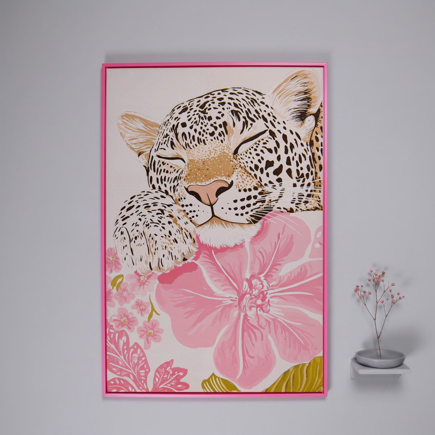 Leopard Resting on Pink Flowers Canvas in pink floating frame