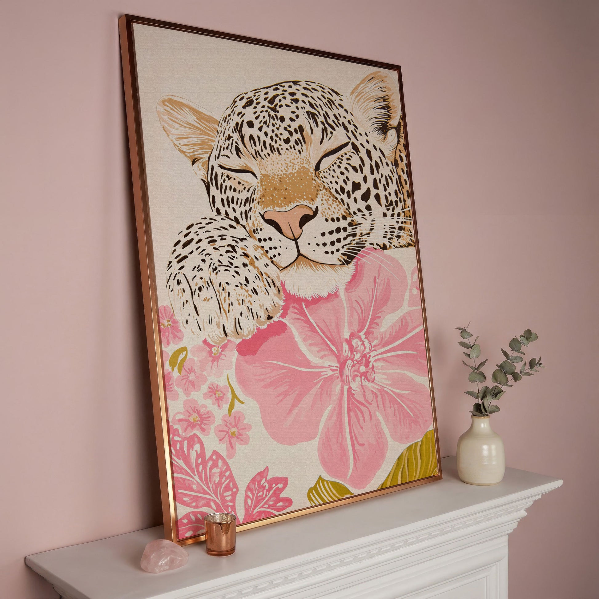 Leopard Resting on Pink Flowers Canvas in rose gold floating frame
