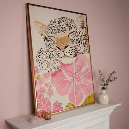 Leopard Resting on Pink Flowers Canvas in rose gold floating frame