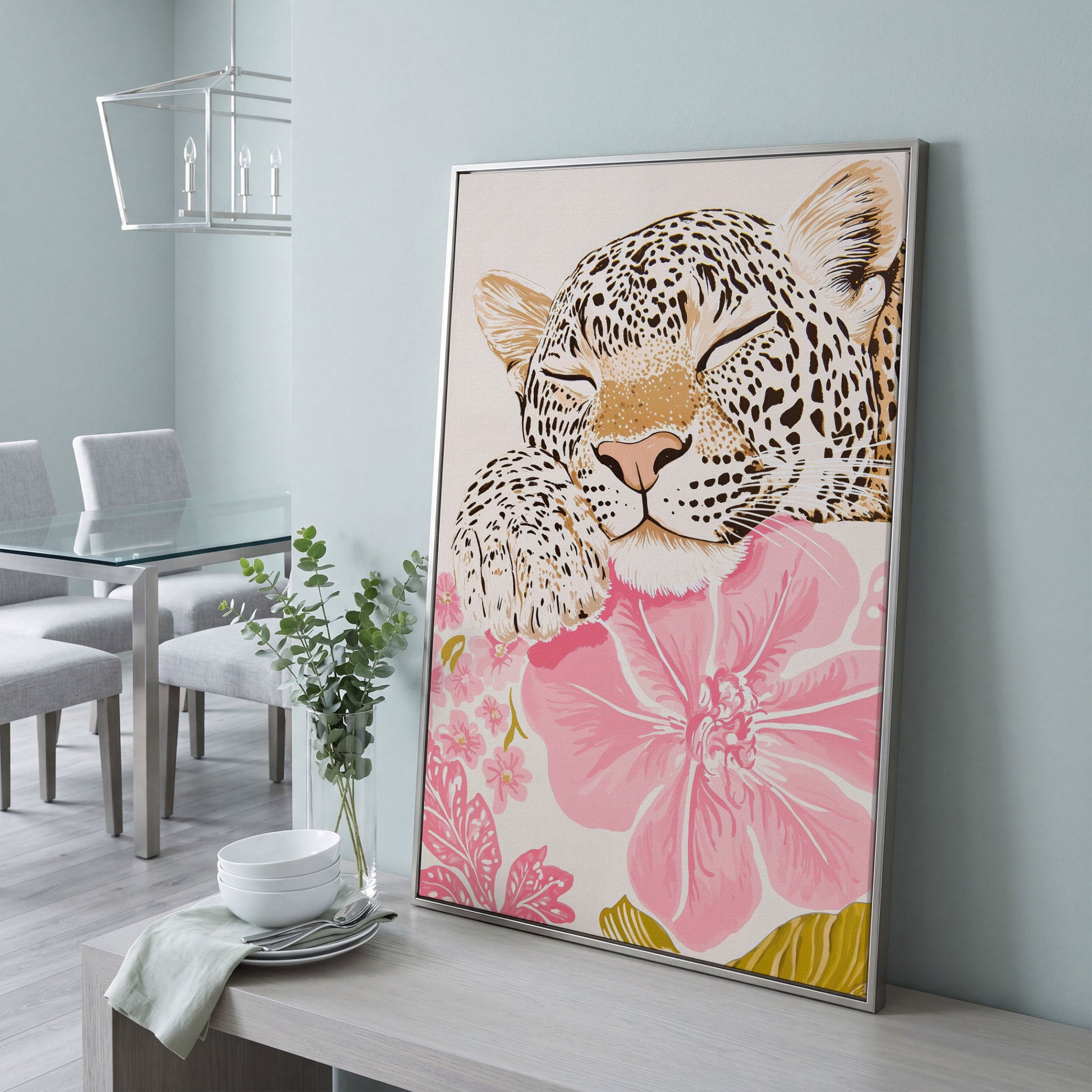 Leopard Resting on Pink Flowers Canvas in silver floating frame