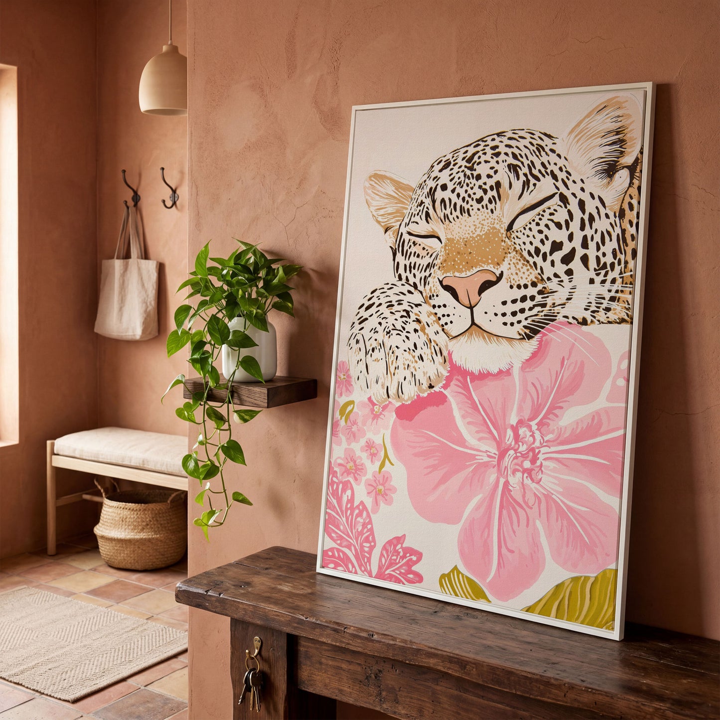 Leopard Resting on Pink Flowers Canvas in white floating frame