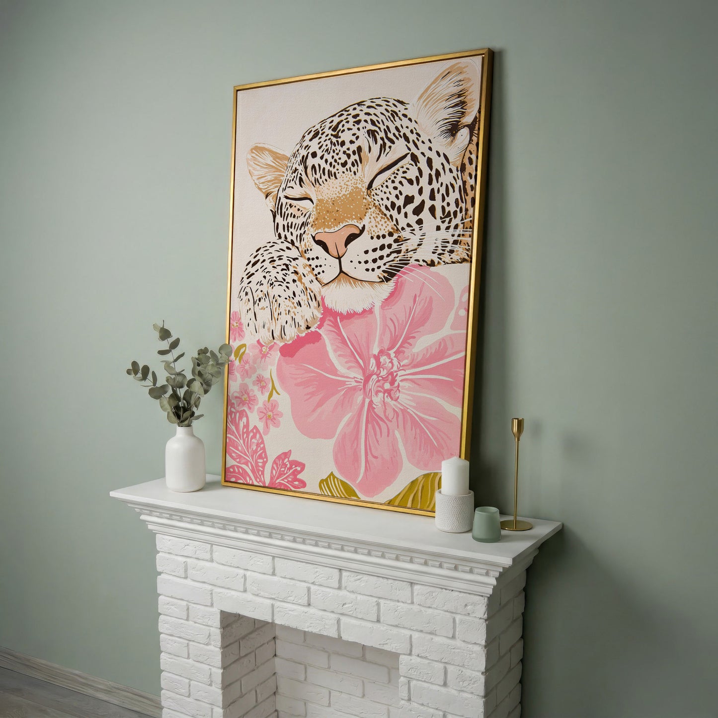 Leopard Resting on Pink Flowers Canvas in yellow gold floating frame