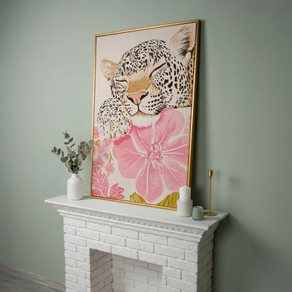 Leopard Resting on Pink Flowers Canvas in yellow gold floating frame