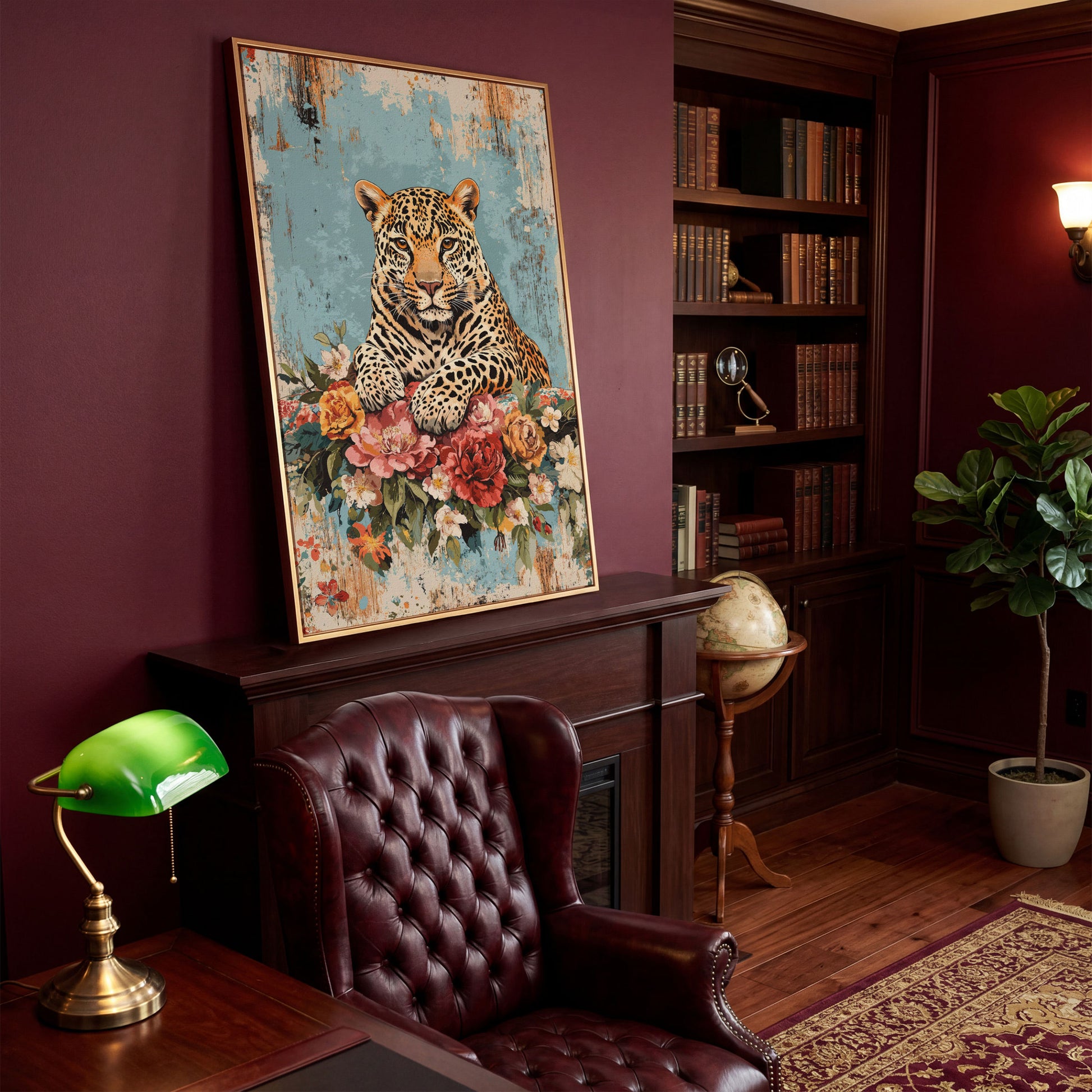 Vibrant Leopard with Floral Accents Canvas Print in antique gold floating frame