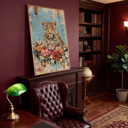 Vibrant Leopard with Floral Accents Canvas Print in antique gold floating frame