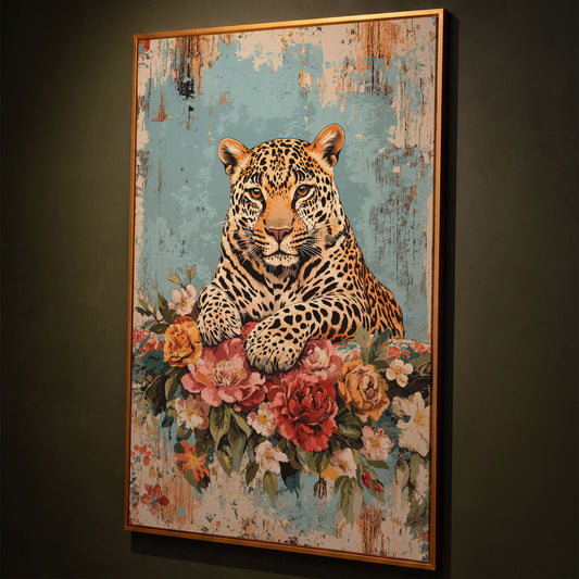 Vibrant Leopard with Floral Accents Canvas Print shown in antique gold floating frame