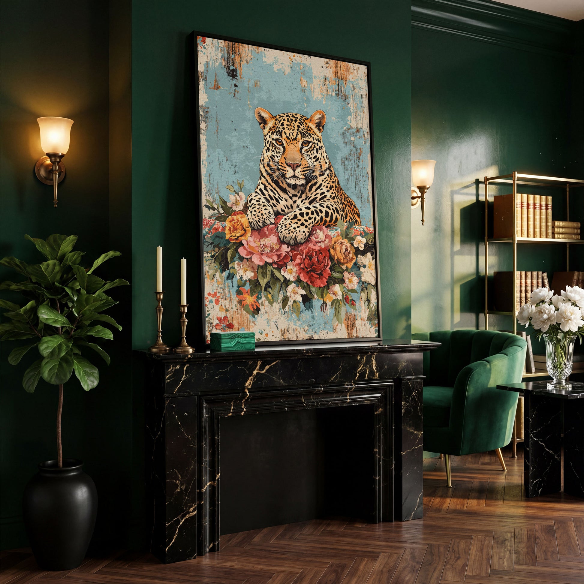 Vibrant Leopard with Floral Accents Canvas Print in black floating frame