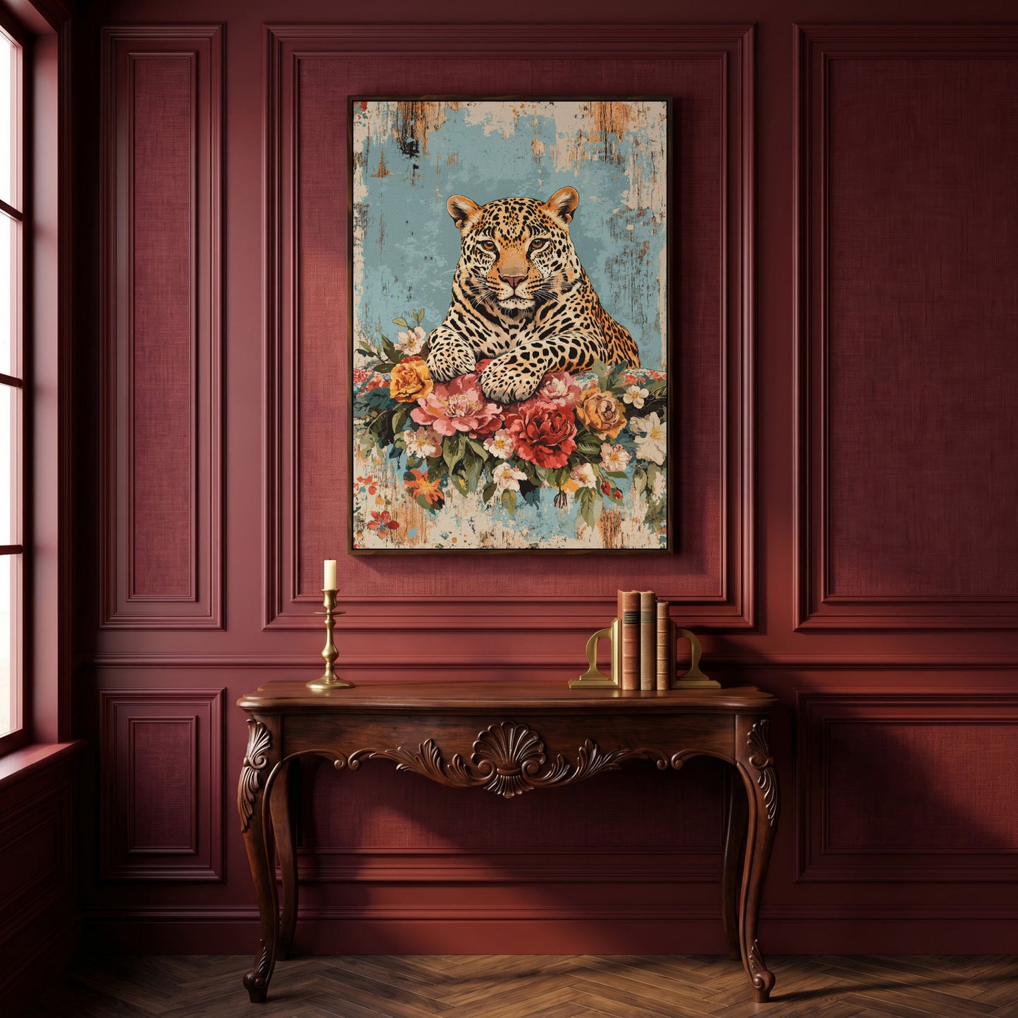 Vibrant Leopard with Floral Accents Canvas Print in dark walnut floating frame