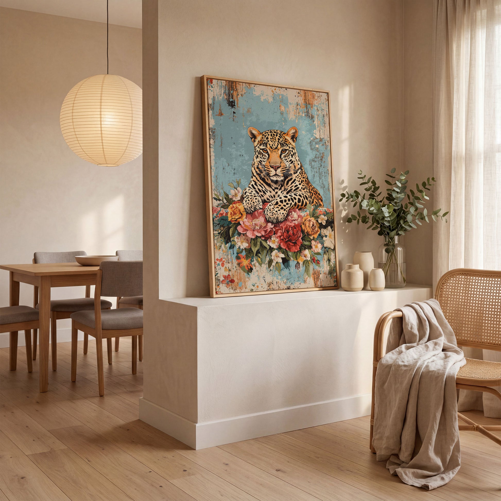 Vibrant Leopard with Floral Accents Canvas Print in white oak floating frame