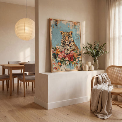 Vibrant Leopard with Floral Accents Canvas Print in white oak floating frame