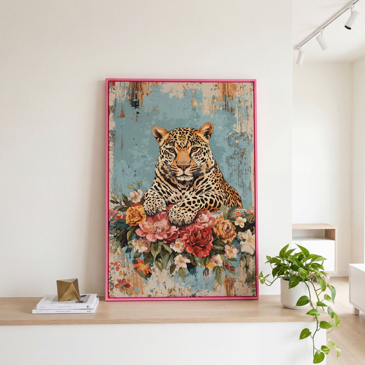 Vibrant Leopard with Floral Accents Canvas Print in pink floating frame