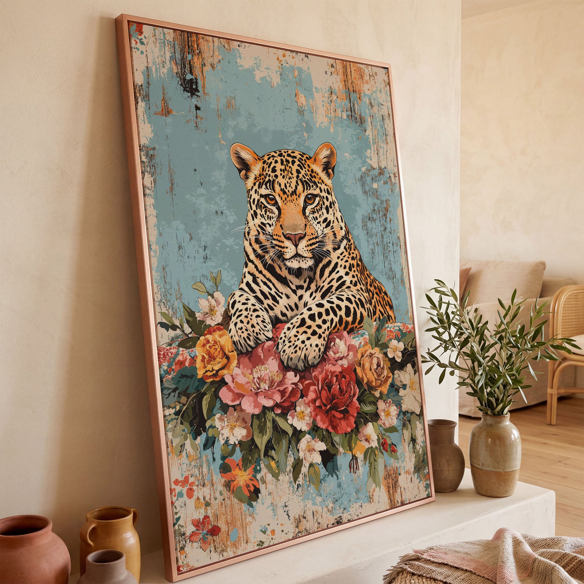 Vibrant Leopard with Floral Accents Canvas Print in rose gold floating frame