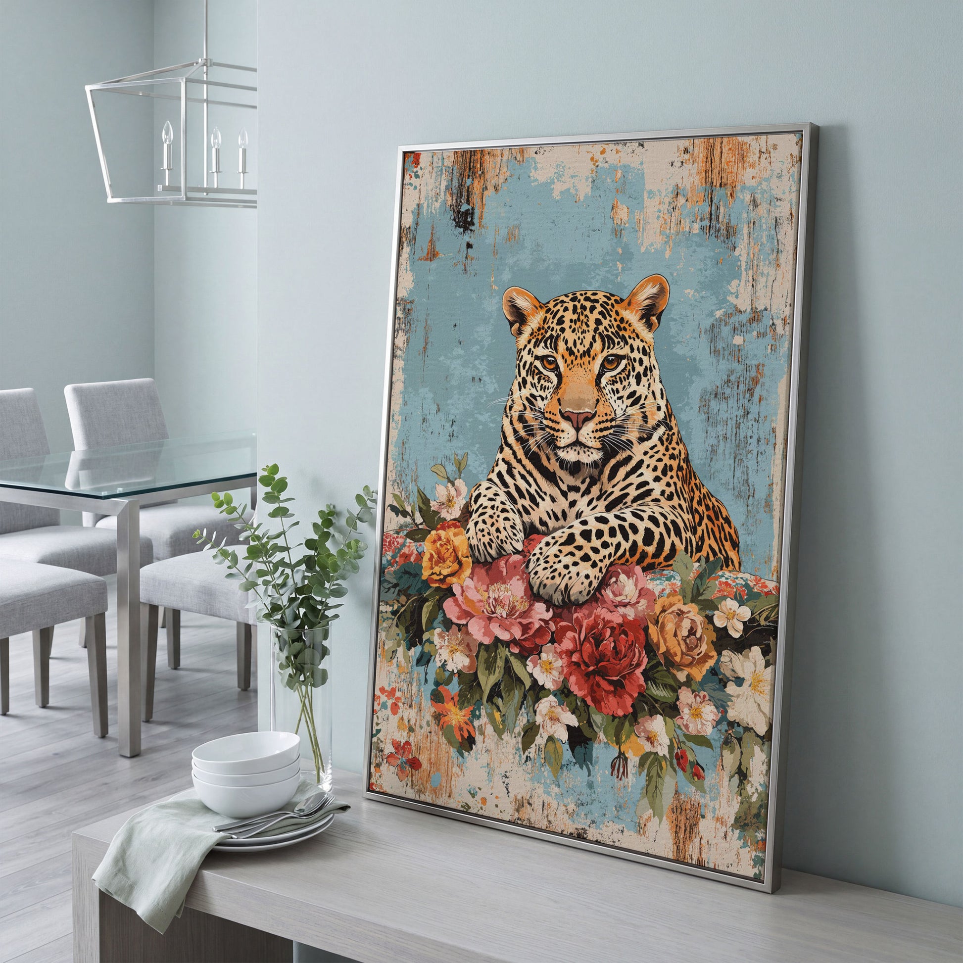 Vibrant Leopard with Floral Accents Canvas Print in silver floating frame