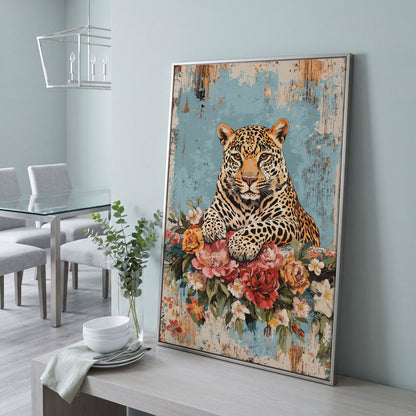 Vibrant Leopard with Floral Accents Canvas Print in silver floating frame