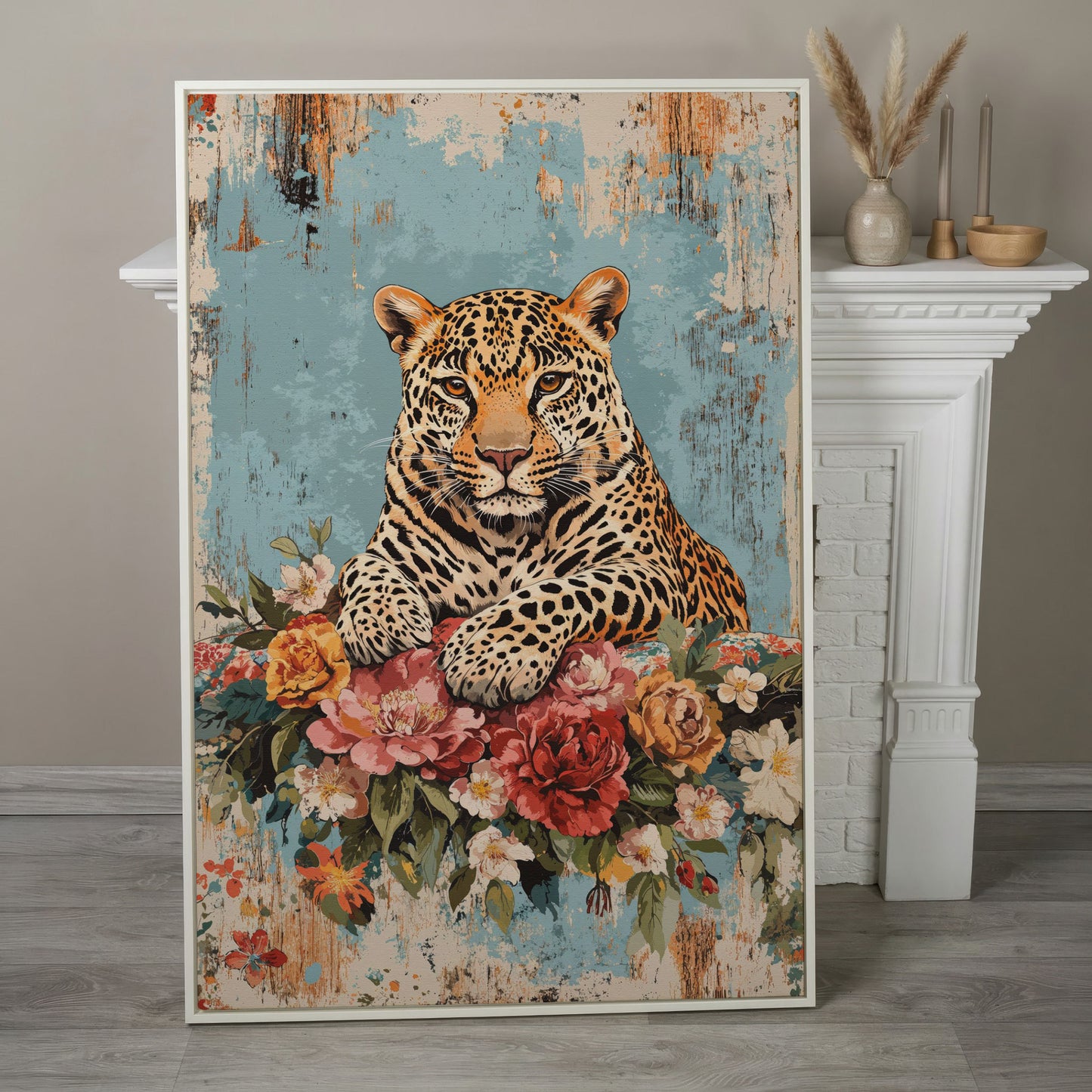 Vibrant Leopard with Floral Accents Canvas Print in white floating frame