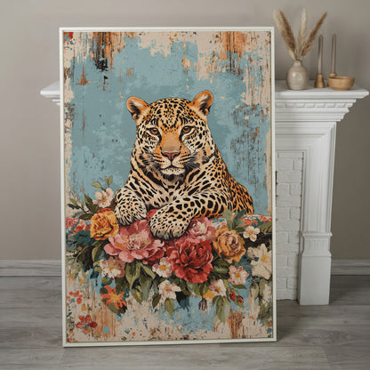 Vibrant Leopard with Floral Accents Canvas Print in white floating frame